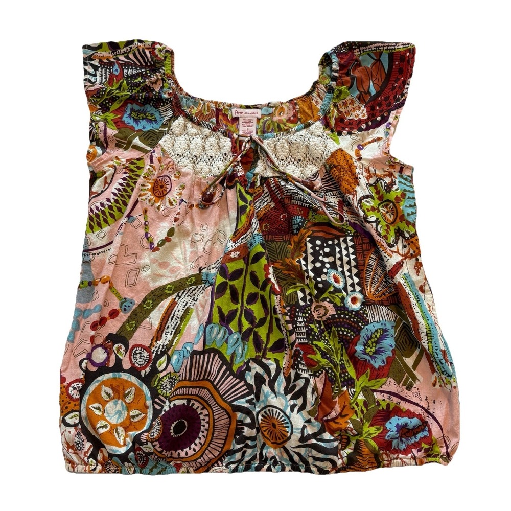 Womens Boho‎ Tassel Peasant Top Patchwork Mixed Media Bohemian Colorful Sz Large